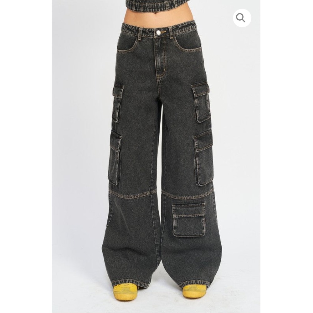 Emory Park Womens Black Wide Leg Cargo Jeans Distressed Denim Size S Waist 25-26